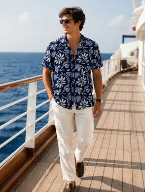 100% cotton NOLA Couture Men’s L Blue White Aloha Shirt USA Coastal Resort Camp